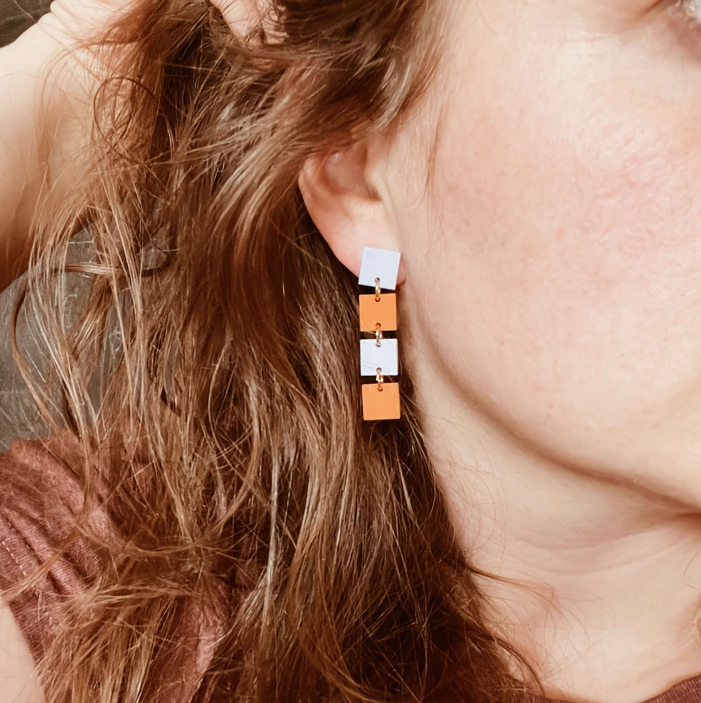 Karo Orange Flieder Statement Ohrringe