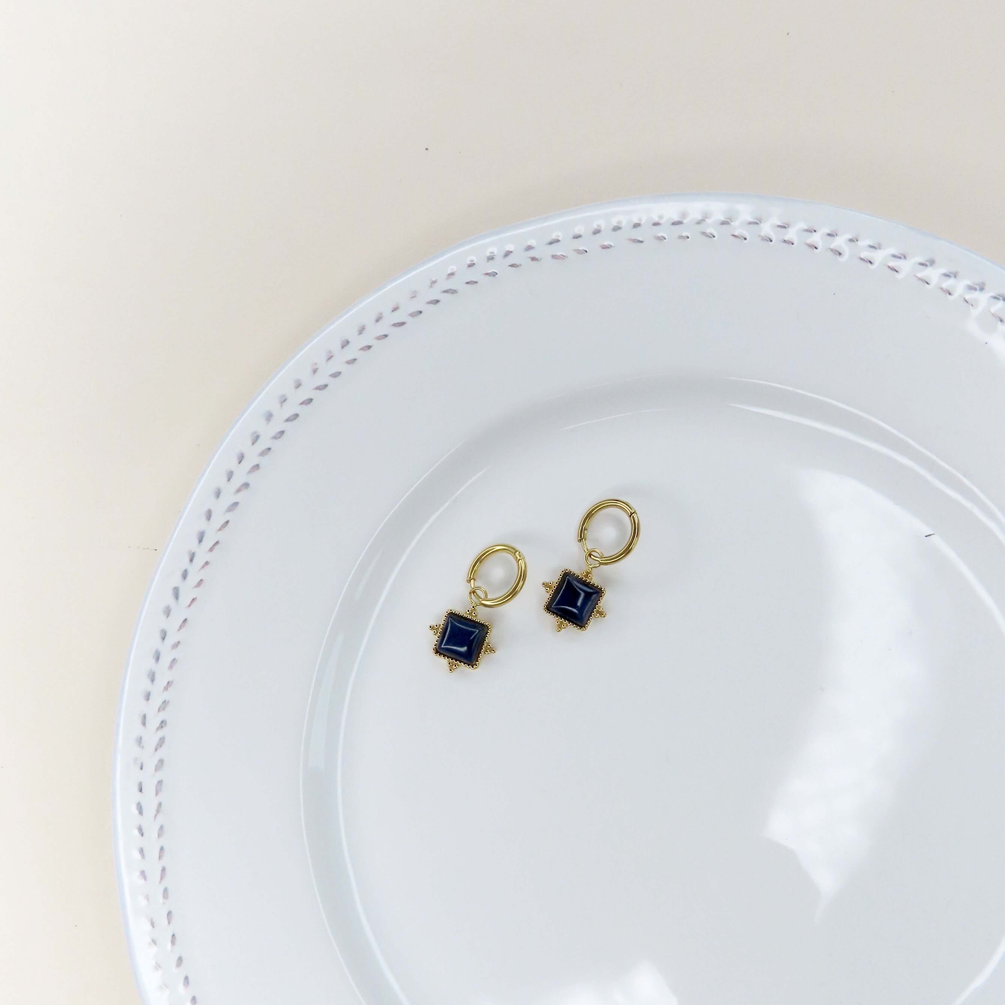 Boho Deep Sea Hoop Earrings with Blue Stone - Stainless Steel Earrings