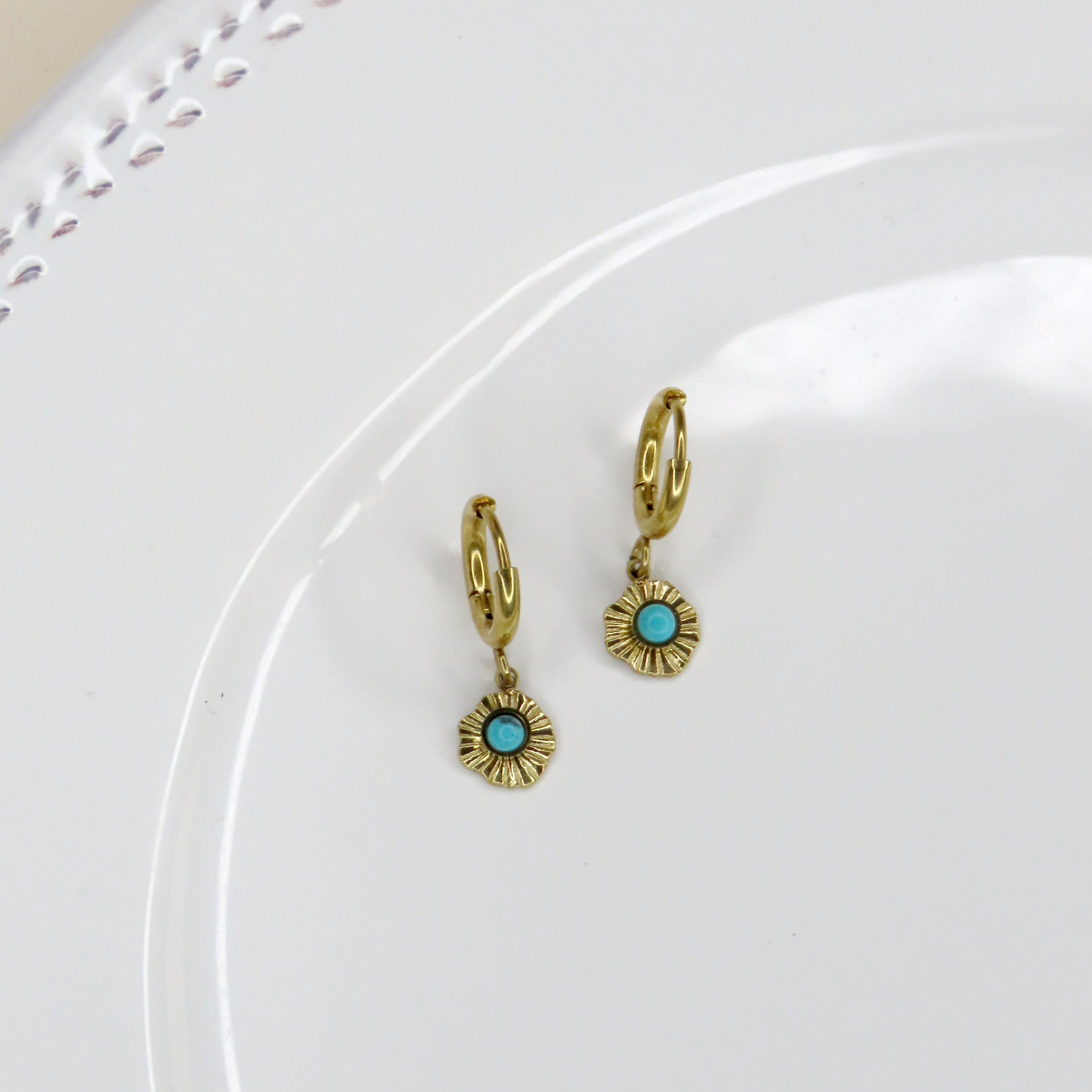 Tiny Blue Flower Stainless Steel Hoop Earrings