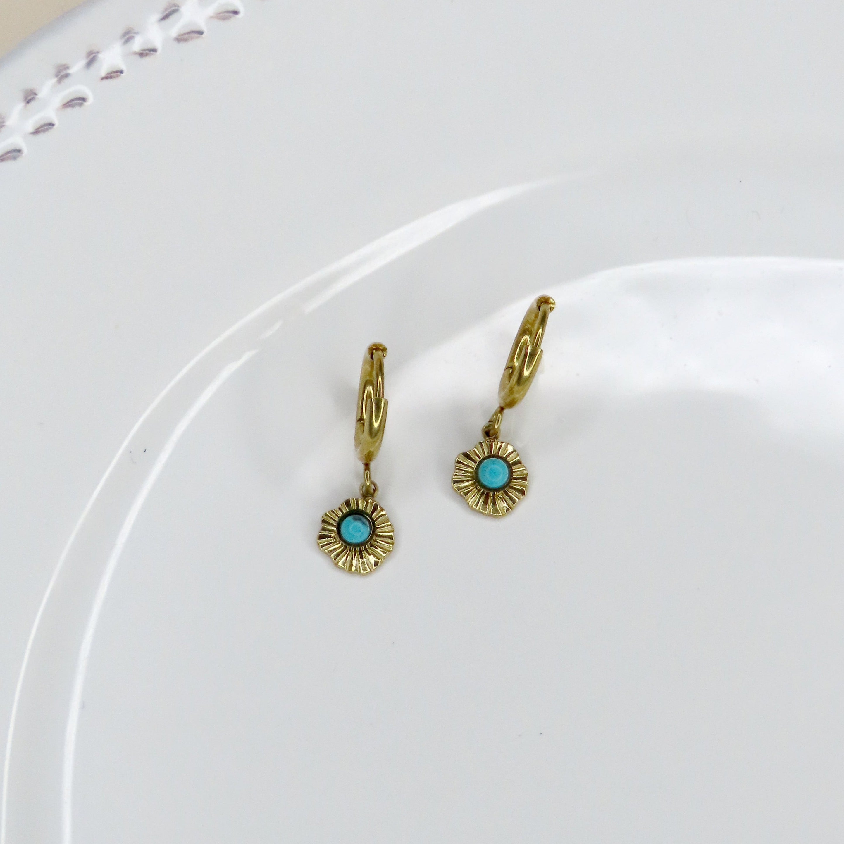 Tiny Blue Flower Stainless Steel Hoop Earrings