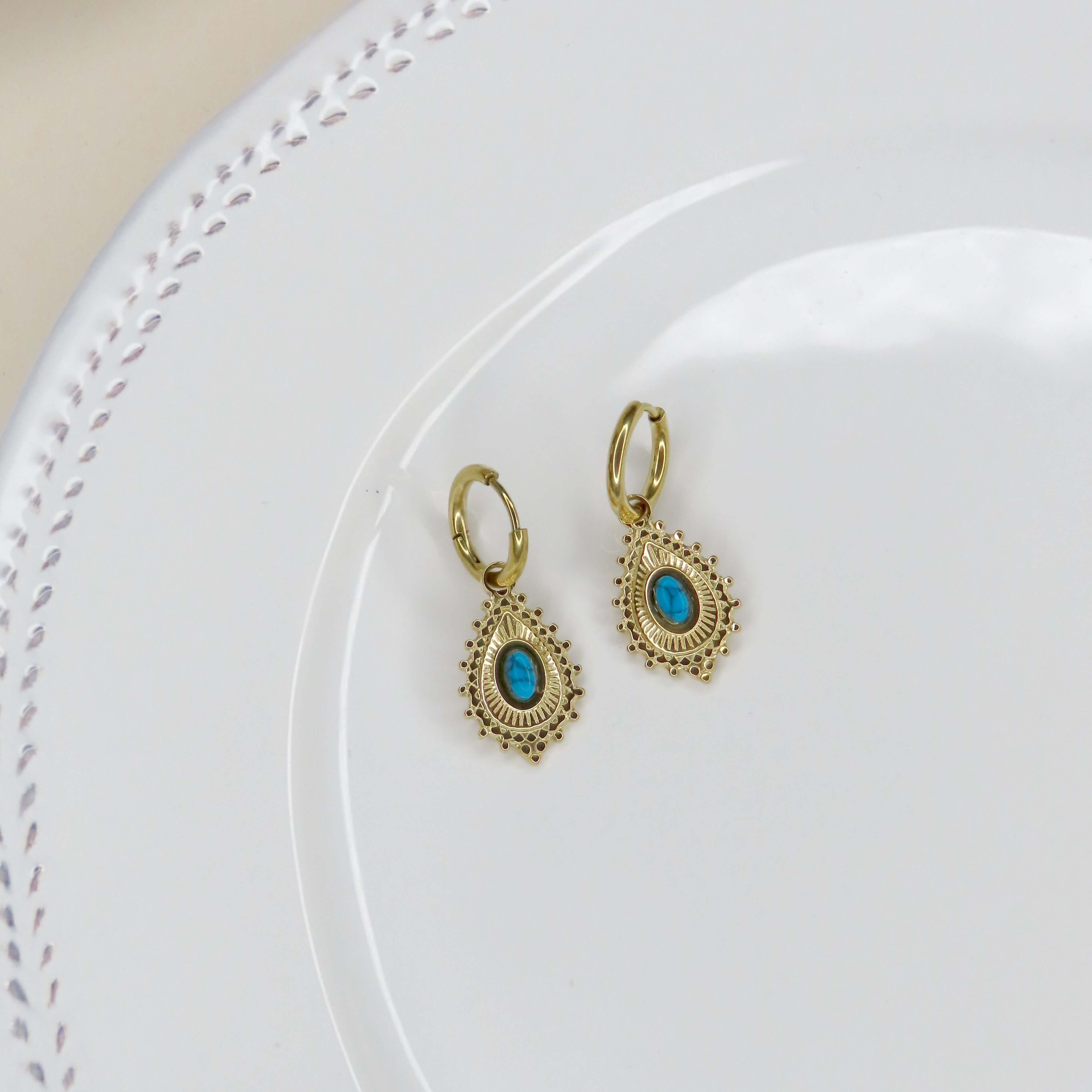 Boho drop hoop earrings with turquoise stone - stainless steel earrings
