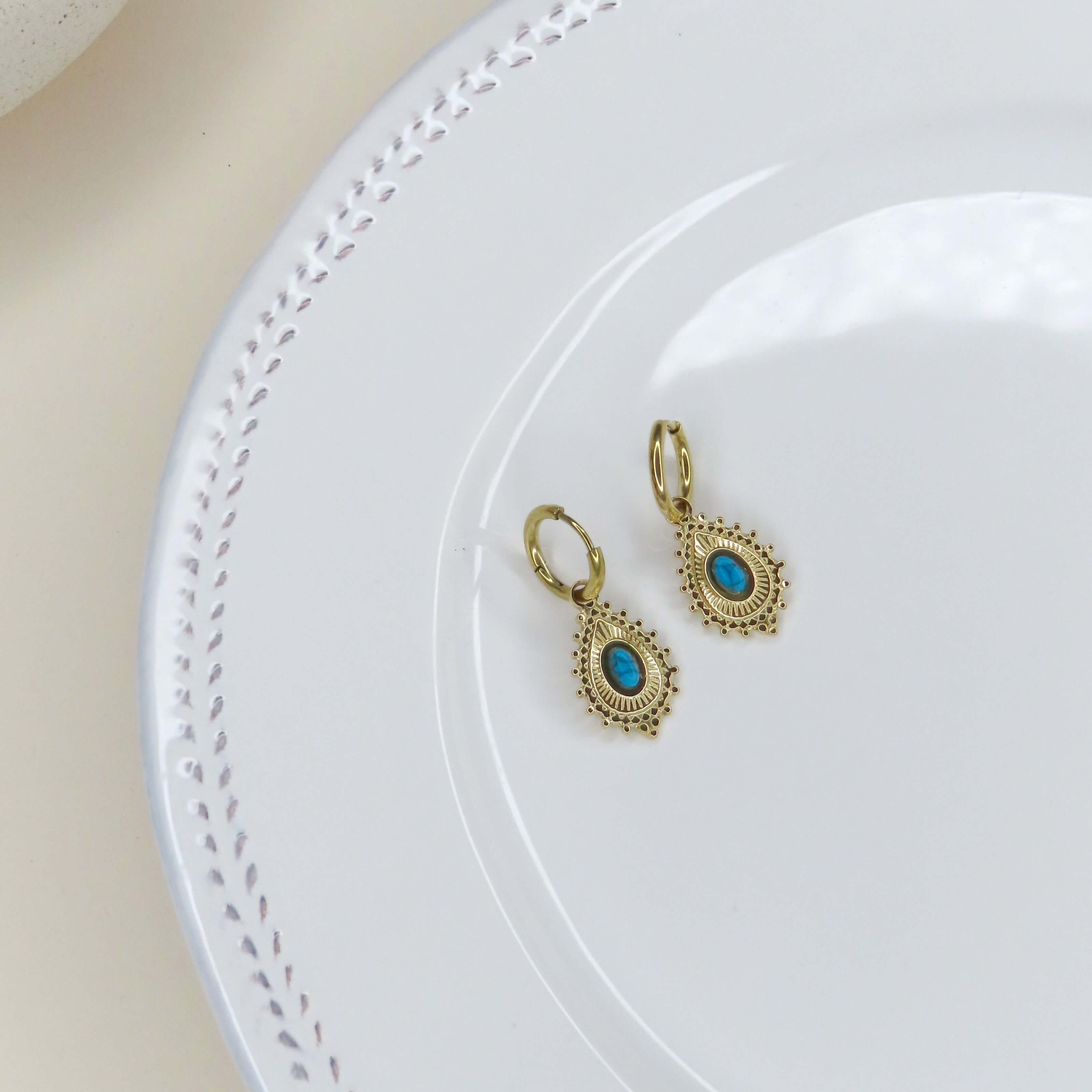 Boho drop hoop earrings with turquoise stone - stainless steel earrings
