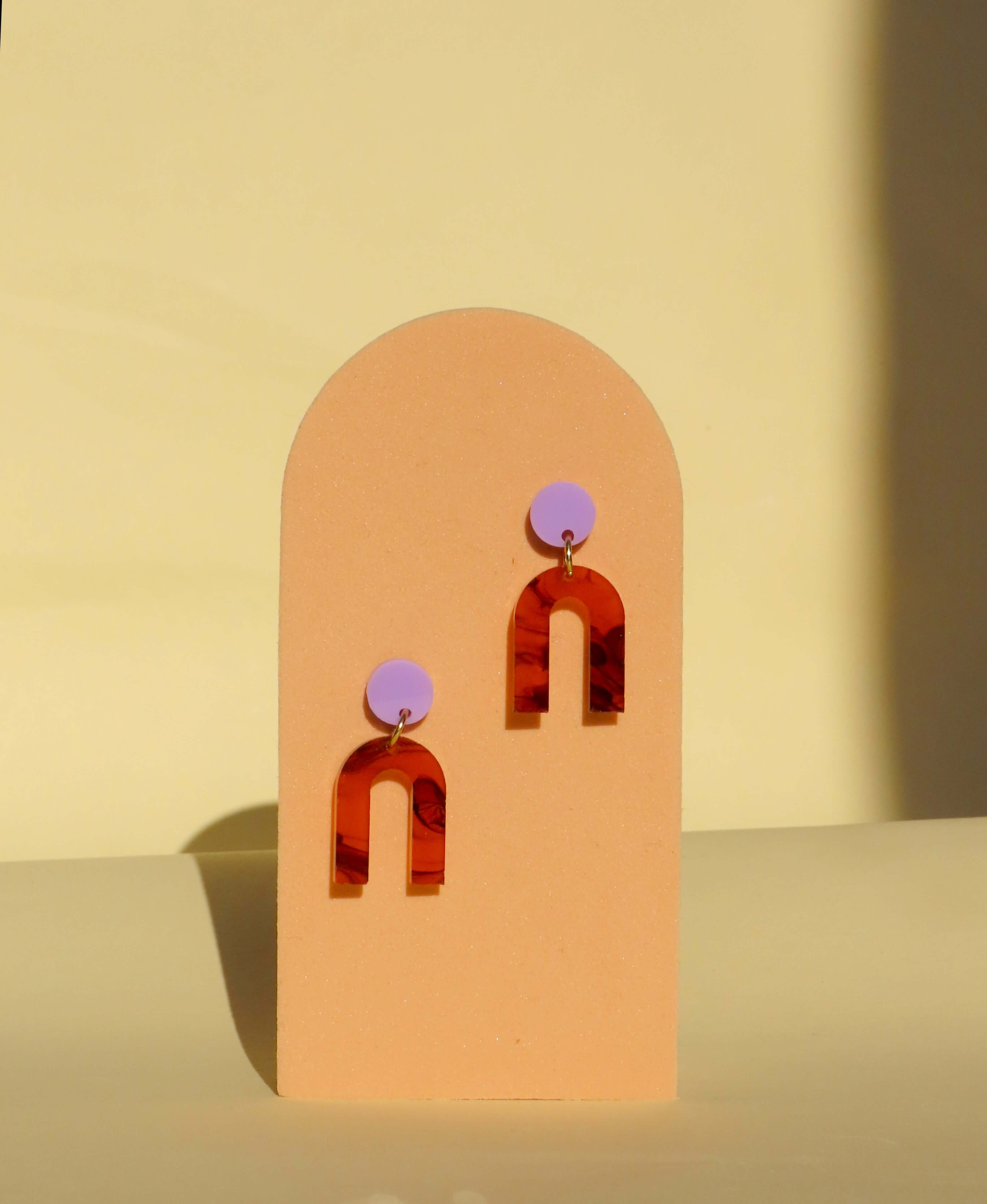 Mini Arch acrylic earrings with stainless steel connectors in lilac terracotta
