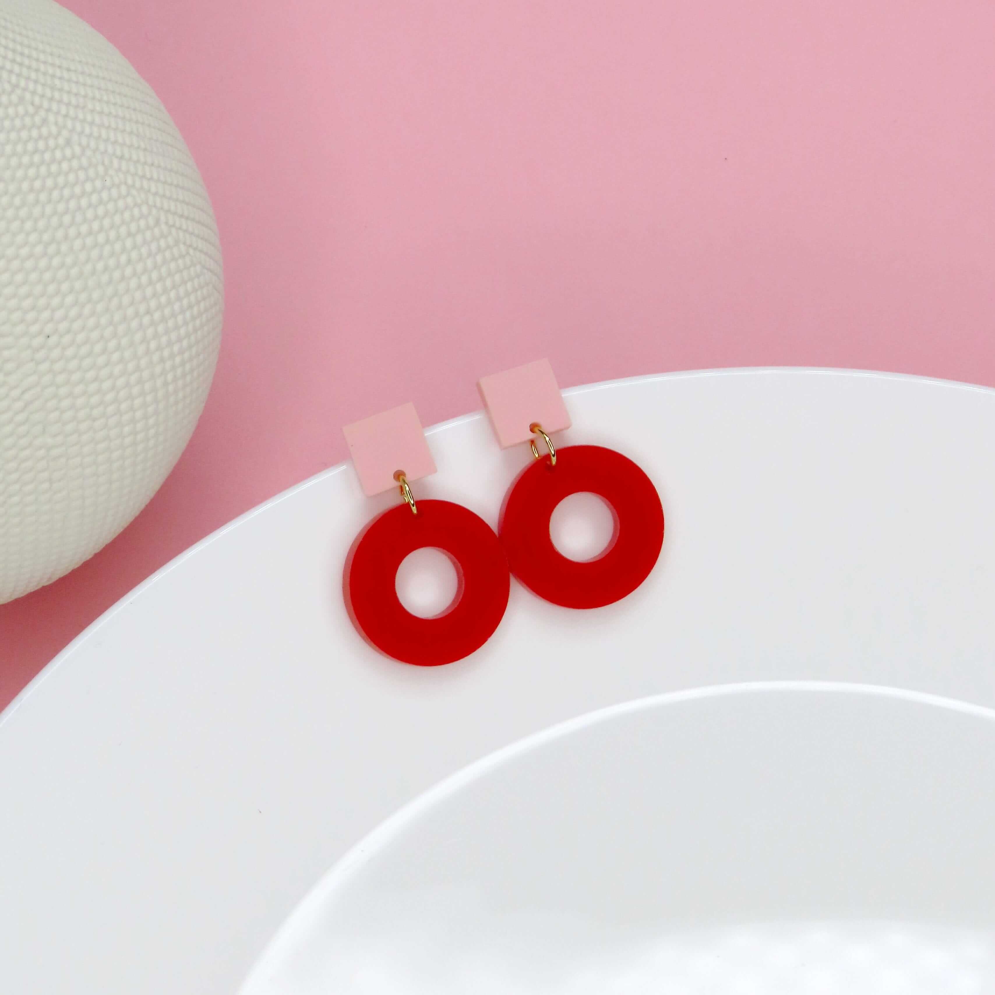 Square Circle Ohrstecker in Rosa & Rot Ohrringe niemalsmehrohne 